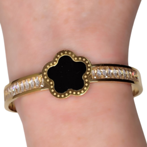 Brazalete Dorado con Trébol Negro y Cristales