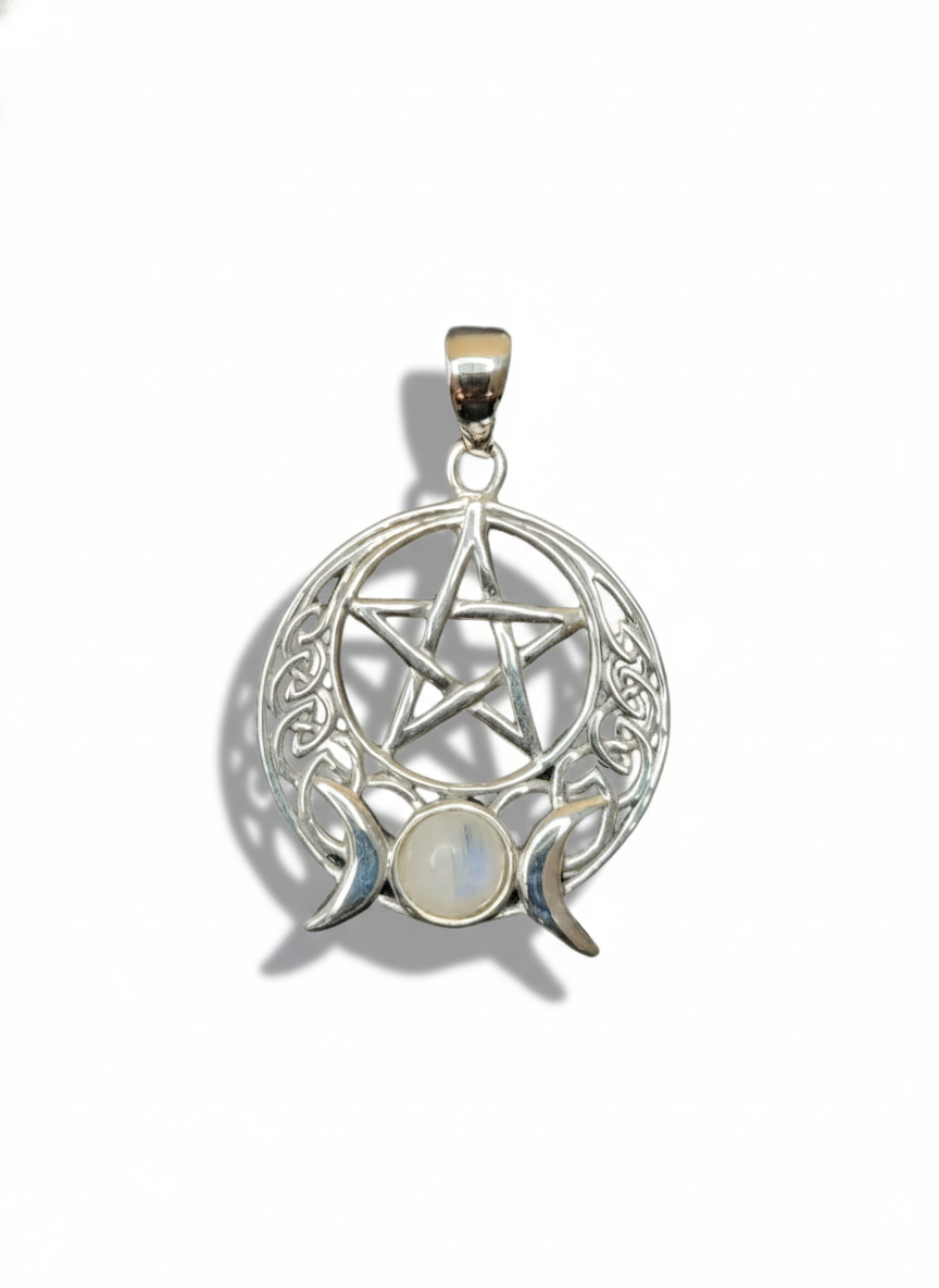 Colgante Triple Luna con Pentagrama y Piedra Luna