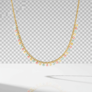 Collar dorado con pequeñas esferas multicolor