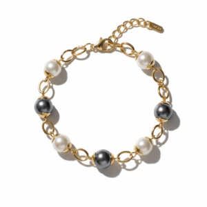 Pulsera Dorada con Perlas Blancas y Grises