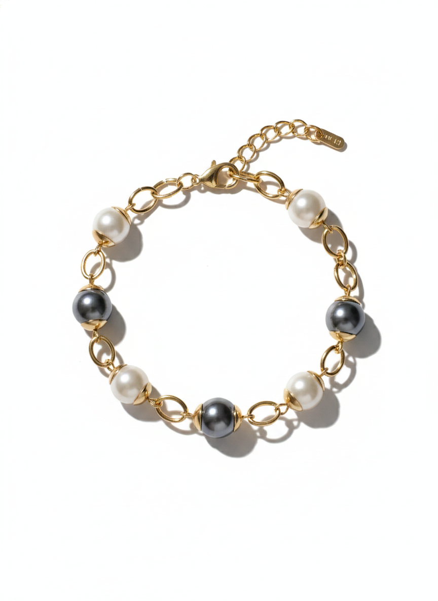 Pulsera Dorada con Perlas Blancas y Grises