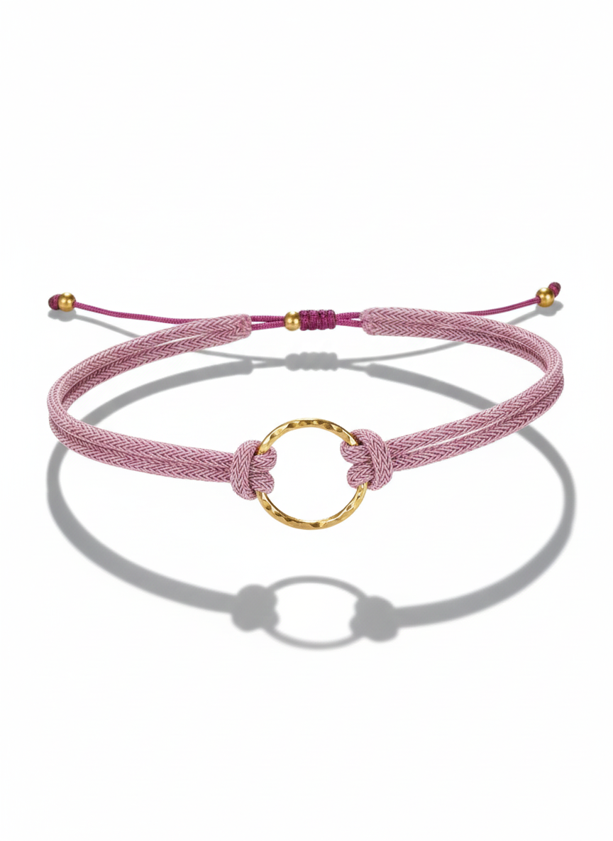 Pulsera aro dorado y cordon rosa viejo